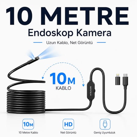 Uninet SM8-R10 Endoskop Kamera 1080P 8 mm 10 Metre Sert Kablo iOS ve Android Uyumlu Siyah
