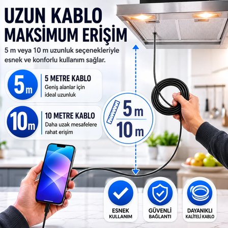 Uninet SM8-R10 Endoskop Kamera 1080P 8 mm 10 Metre Sert Kablo iOS ve Android Uyumlu Siyah