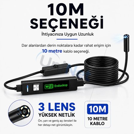 Uninet 10 Metre 3 Kameralı Endoskop Kamera 1080P HD Wifi Boroskop