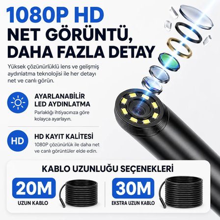Uninet 2 Kameralı Endoskop Kamera 20 Metre 4.3 inç Ekran 1080p IP67 Siyah