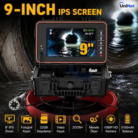 Uninet Pipe Boru Görüntüleme Kamerası 20 Metre 1080P 9 İnç IPS Ekran