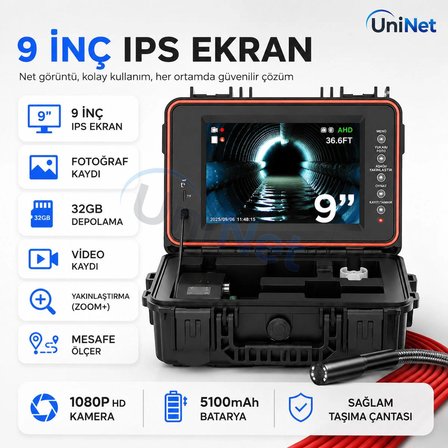 Uninet Pipe Boru Görüntüleme Kamerası 20 Metre 1080P 9 İnç IPS Ekran