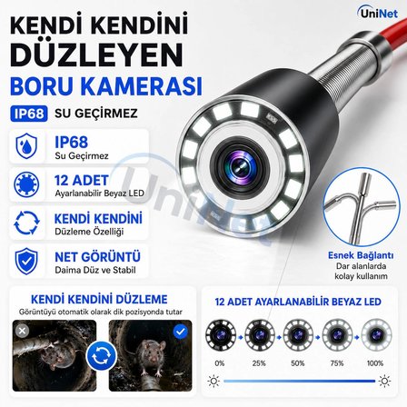 Uninet Pipe Boru Görüntüleme Kamerası 20 Metre 1080P 9 İnç IPS Ekran