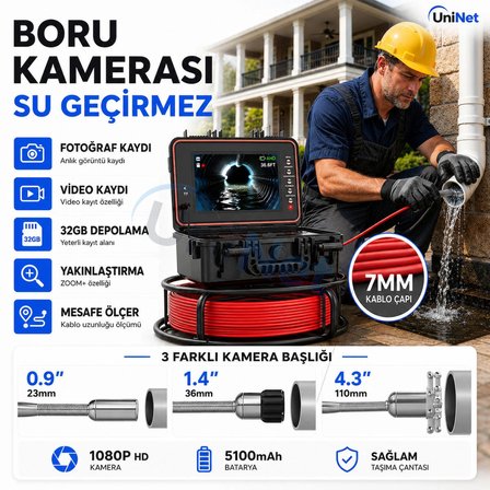 Uninet Pipe Boru Görüntüleme Kamerası 20 Metre 1080P 9 İnç IPS Ekran