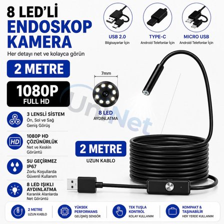Uninet 3 Lensli Endoskop Kamera 2 Metre 1080p Full HD USB Type-C IP67