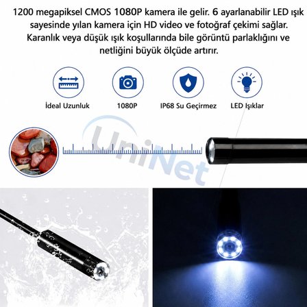 Uninet 3 Lensli Endoskop Kamera 2 Metre 1080p Full HD USB Type-C IP67
