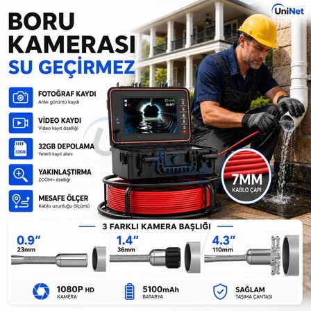 Uninet Pipe Endoskop Kamera 9 inç IPS 1080P 30 Metre Gece Görüşlü Kanal Görüntüleme