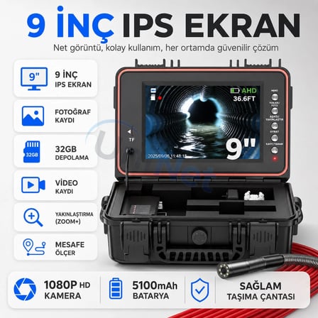 Uninet Boru ve Kanal Görüntüleme Kamerası 50 Metre 23 mm 1080P 9 İnç IPS Ekran
