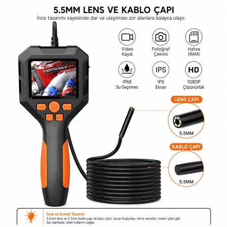 Uninet 5 Metre Ekranlı 5.5mm Sert Kablo Endoskopi Yılan Kamera