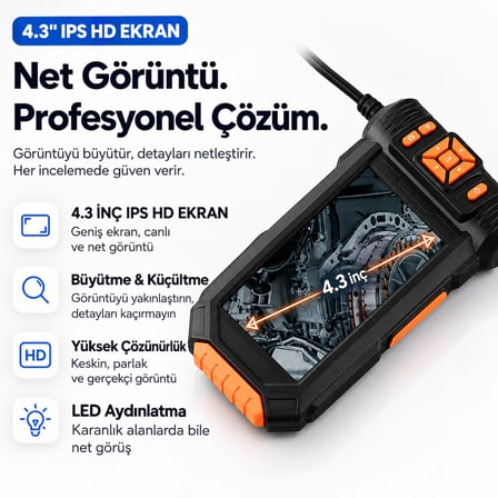 Uninet 5 Metre 3 Kameralı 5 inç HD Ekranlı Kayıtlı Endoskop Kamera