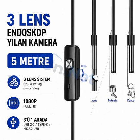 Uninet 5 Metre 3 Lensli Endoskop Kamera 1080P Full HD Siyah