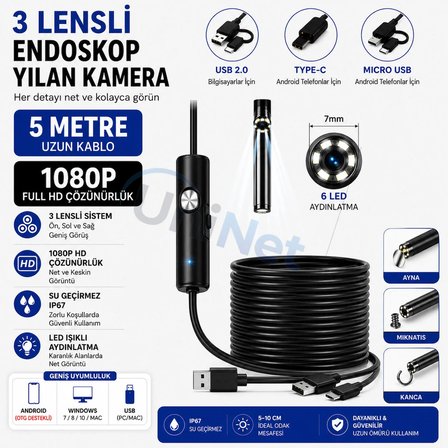 Uninet 5 Metre 3 Lensli Endoskop Kamera 1080P Full HD Siyah