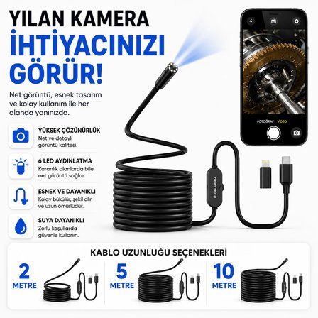 Uninet SM8-R10 Endoskop Kamera 5 Metre 1080P 8 mm Çift Kameralı LED Işıklı