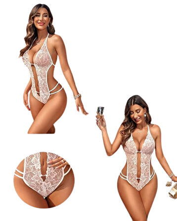  Fantezi Beyaz  Dantelli Zincirli Seksi Babydoll TG279252