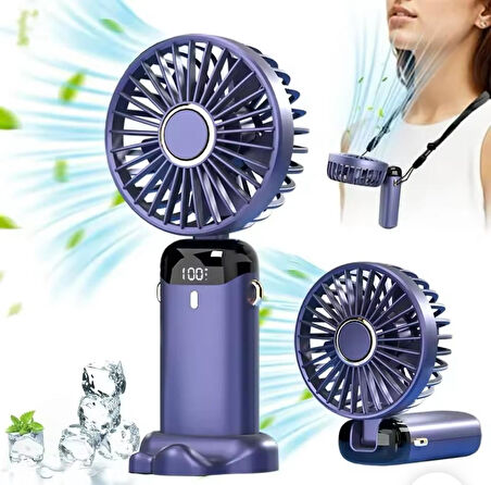 Mini El Fanı 5 Kademeli Dijital Led Göstergeli Boyun Askılı Mini Klima Vantilatör