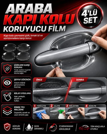 YMÇ DETAILING & AUTOMOTIVE Araba Kapı Kolu Koruyucu Film 4’lü Set – Şeffaf Çizilme Önleyici Koruma