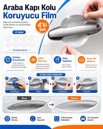 YMÇ DETAILING & AUTOMOTIVE Araba Kapı Kolu Koruyucu Film 4’lü Set – Şeffaf Çizilme Önleyici Koruma