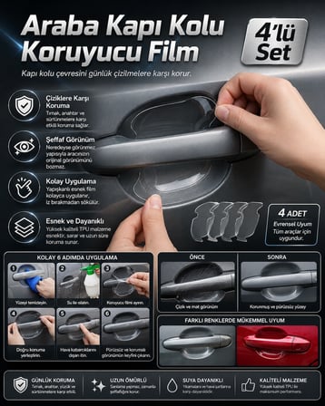 YMÇ DETAILING & AUTOMOTIVE Araba Kapı Kolu Koruyucu Film 4’lü Set – Şeffaf Çizilme Önleyici Koruma