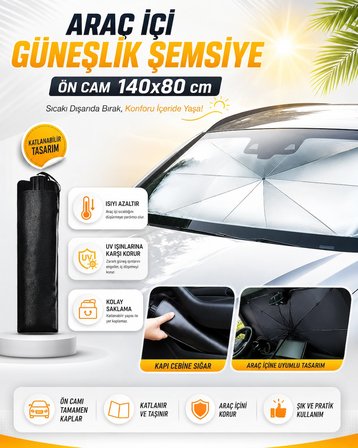 Araç İçi Güneşlik Şemsiye Ön Cam 140x80 cm – Katlanabilir Oto Güneş Koruyucu