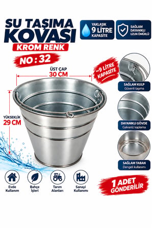 Su Taşima Kovası Çöp Kovası 29 Cm X 30 Cm Krom Renk 9 Litre Kapasiteli 1 Adet Gönderilir