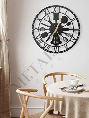 Dekoratif Sessiz Siyah Metal Duvar Saati Mutfak (Çatal Kaşık) Temalı 60x60cm