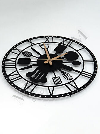 Dekoratif Sessiz Siyah Metal Duvar Saati Mutfak (Çatal Kaşık) Temalı 60x60cm