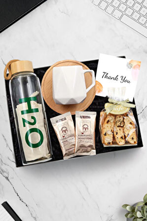 Bambu Cam Matara & Beyaz Geometrik Fincan & Bademli Kurabiye & 2'li Türk Kahvesi Hediye Seti