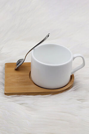 Beyaz Çerçeve & Bambu Altlıklı Fincan & Bademli Kurabiye Hediye Seti