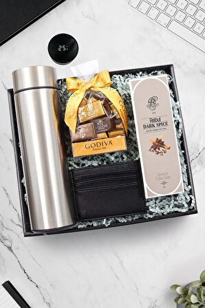 Gümüş Renk Dereceli Termos & Rebul Kolonya & Siyah Kartlık & Godiva Napoliten Çikolata Hediye Seti