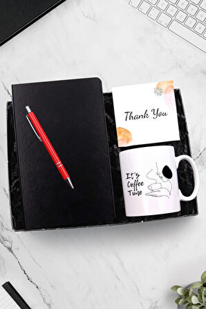 Siyah Defter & Baskılı Kupa & Gümüş Renk Detaylı Tükenmez Kalem Hediye Seti