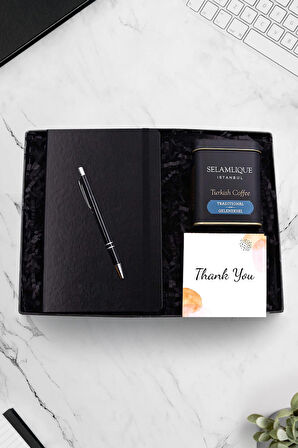Siyah Defter & Gümüş Renk Detaylı Tükenmez Kalem & Selamlıque Türk Kahvesi Hediye Seti
