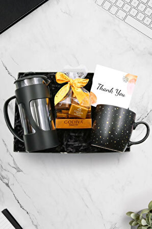 Siyah French Press & Yıldızlı Kupa & Godiva Napoliten Çikolata Hediye Seti