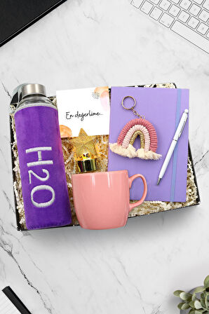 Defter-Touch Kalem-Peluş 600ml Cam Matara-Pembe Kupa-Gökkuşağı Anahtarlık-Yıldız Led Işık Hediye Set