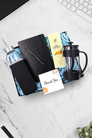 Siyah Defter-Tükenmez Kalem-Kılıflı Su Matarası-Rebul Mandalina Kolonya-French Press Hediye Seti