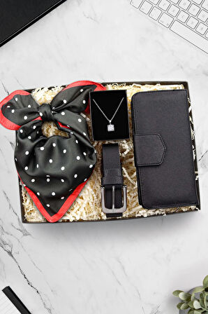 Puantiyeli Fular & Gümüş Baget Kolye & Gümüş Detaylı Kadın Kemer & Siyah Kadın Cüzdan Hediye Seti