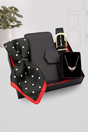 Puantiyeli Fular & Siyah Kadın Cüzdan & Gold Detaylı Kadın Kemeri & Gold Melek Kolye Hediye Seti