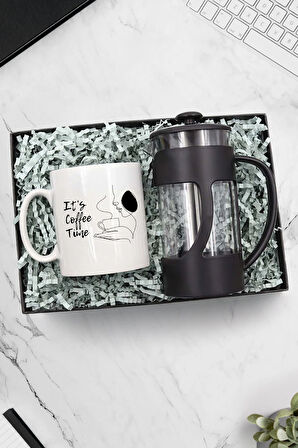 Baskılı Kupa & Siyah Renk French Press Hediye Seti