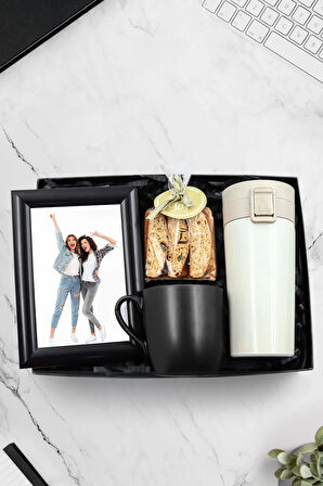 350 ML Kilitli Beyaz Çelik Termos & Siyah Kupa & Siyah Çerçeve & Bademli Kurabiye Hediye Seti