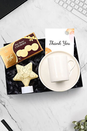 Renkli Yıldız Işık & Beyaz Fincan & Kurabiye Hediye Seti