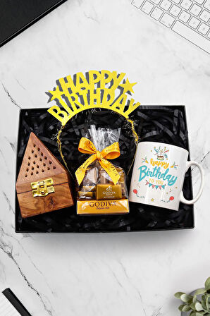 Baskılı Kupa & Happy Birthday Taç & Godiva Napoliten Çikolata & Ahşap Piramit Tütsülük Hediye Seti