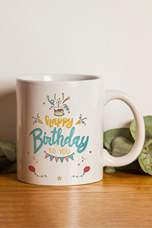 Happy Birthday Baskılı Kupa & Sarı Renk Bubble Mum & Happy Birthday Taç Hediye Seti