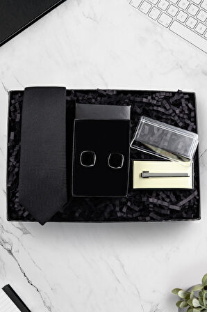 Kol Düğmesi & Siyah Kravat & Kravat İğnesi Hediye Seti