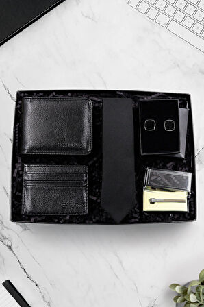 Suni Deri Erkek Cüzdan & Siyah Kravat & Kol Düğmesi & Kravat İğnesi & Siyah Kartlık Hediye Seti