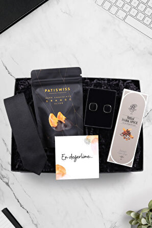 Kol Düğmesi & Siyah Kravat & Kolonya & Patiswiss Bitter Çikolata Kaplı Portakal Seti