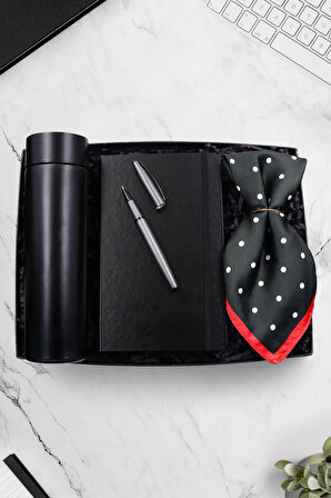 Siyah Dereceli Termos & Siyah Defter & Gri Metalik Roller Kalem & Puantiyeli Fular Hediye Seti