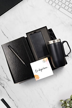 Siyah Defter & Gri Tükenmez Kalem & Siyah 10000Mah Powerbank & Kulplu 280ml Çelik Termos Hediye Seti