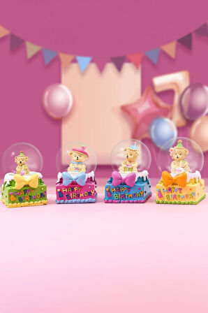 Beyaz Çerçeve & Yapay Mini Saksı Çiçek & Ayıcıklı Happy Birthday Kar Küre Hediye Seti