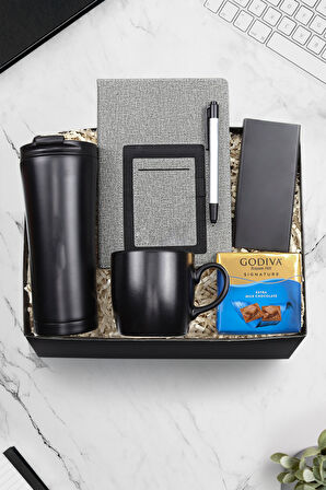 Çelik Termos ve Kupa ve Telefon Cepli Defter ve Touch Pen ve Godiva Çikolata vePowerbank Hediye Seti