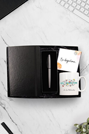 Mühendislere Özel Tasarım Kupa & Siyah Defter & Gri Metalik Roller Kalem Seti