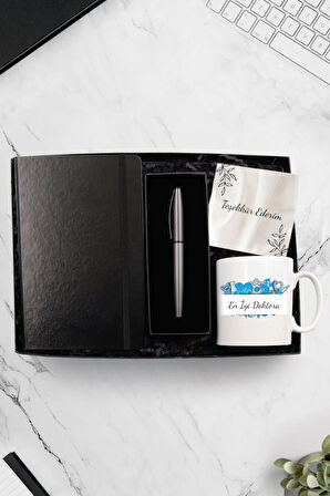 Doktorlara Özel Tasarım Kupa & Siyah Defter & Gri Metalik Roller Kalem Hediye Seti